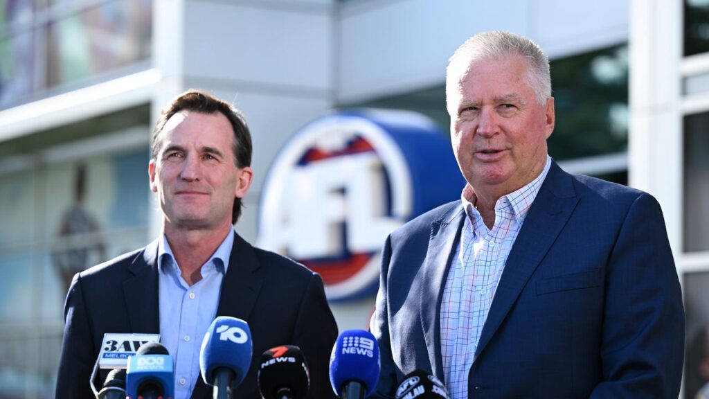 AFL chief executive Andrew Dillon with the league’s football performance boss Greg Swann.

