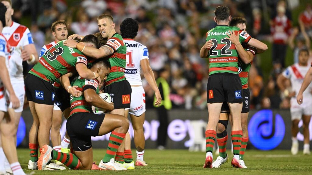 South Sydney players celebrate their Charity Shield win over the Dragons.
