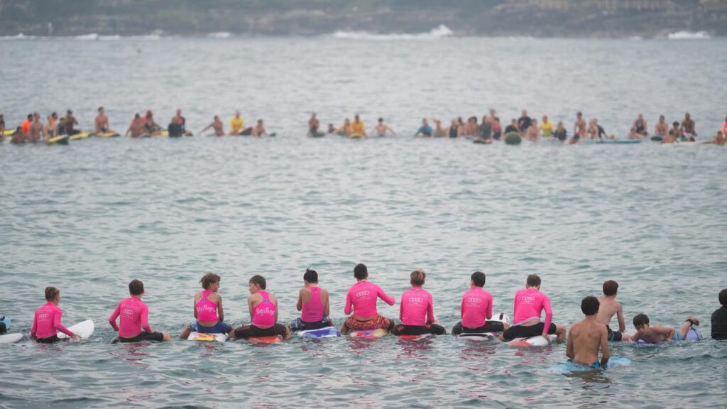 Surfers and swimmers have paid tribute to young shark victim Nico Antic at a paddle-out off Bondi.
