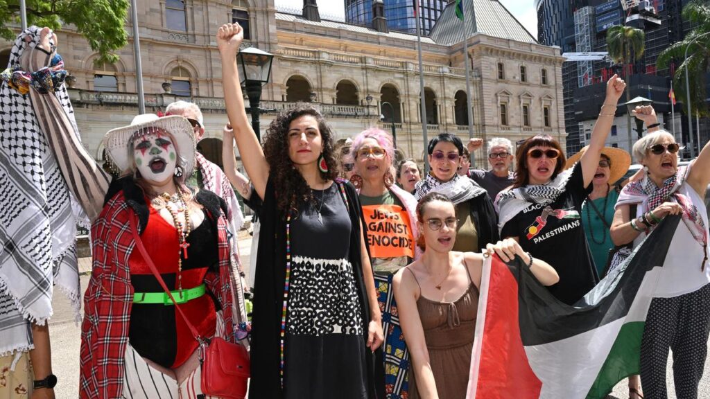 Protesters outside a state parliament chanted a phrase that legislation proposes to ban.
