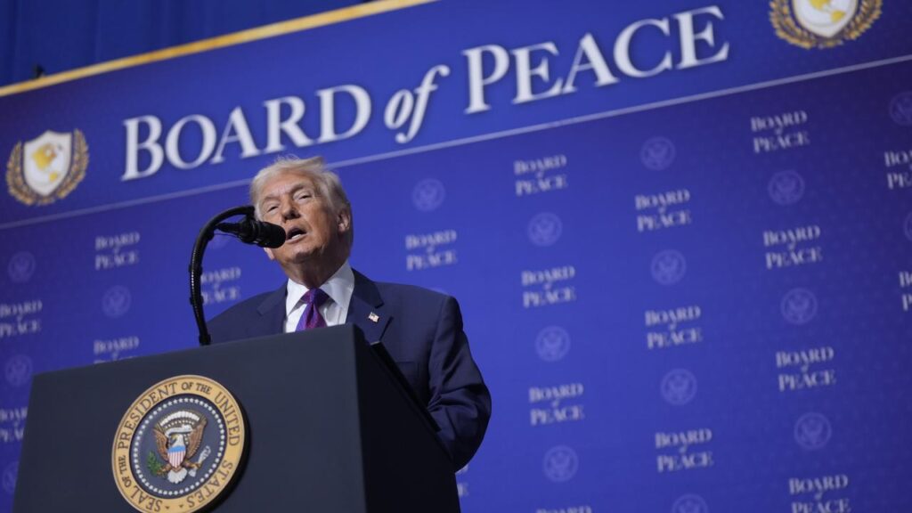 President Donald Trump speaks during a Board of Peace meeting at the US Institute of Peace.
