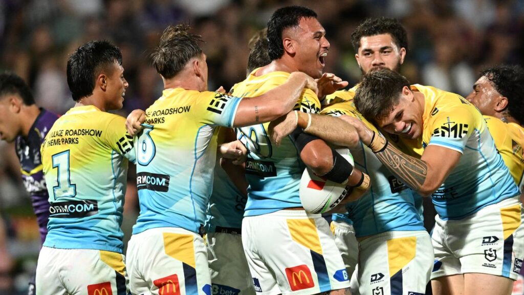 Arama Hau (c) celebrates his try in Gold Coast’s impressive win over Melbourne in their trial game.

