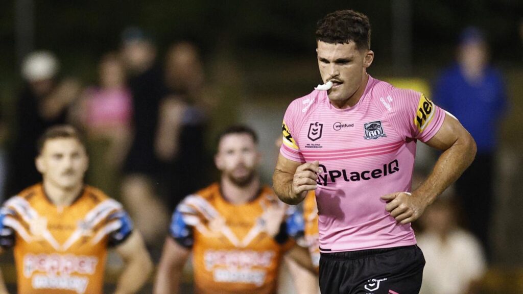 Penrith star Nathan Cleary heads to the sin-bin after a high shot against Wests Tigers.
