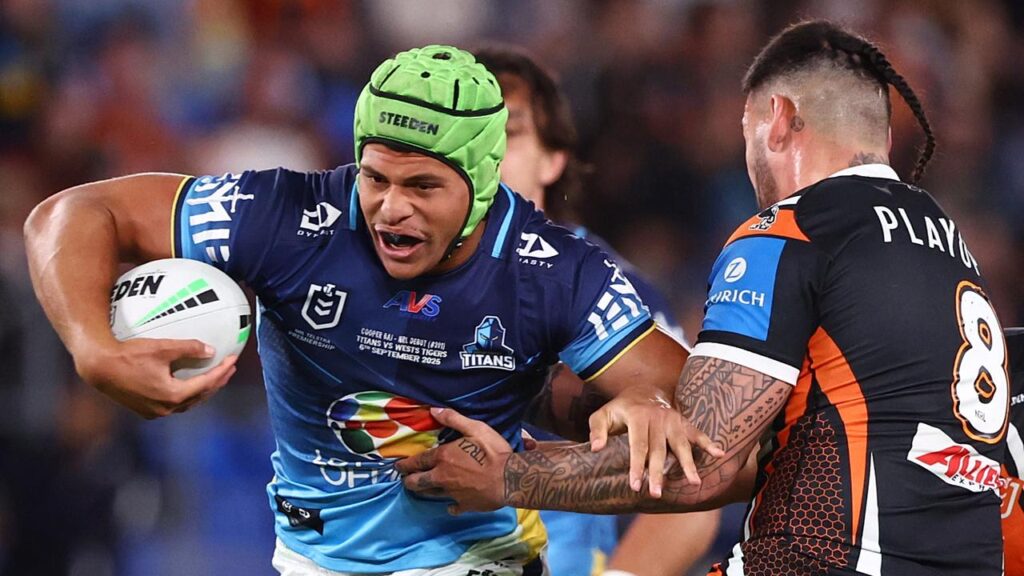 Titans forward Cooper Bai says he wears his green headgear as a tribute to mum Heidi.
