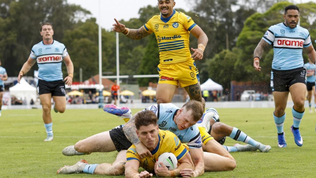 Sean Russell scores to help Parramatta beat Cronulla in their pre-season trial at Henson Park.
