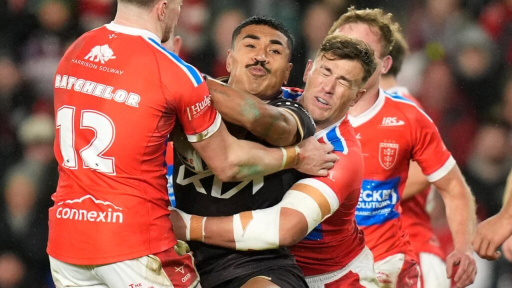 Josiah Karapani getting swallowed up by Hull KR tacklers in the Broncos’ World Club Challenge loss.
