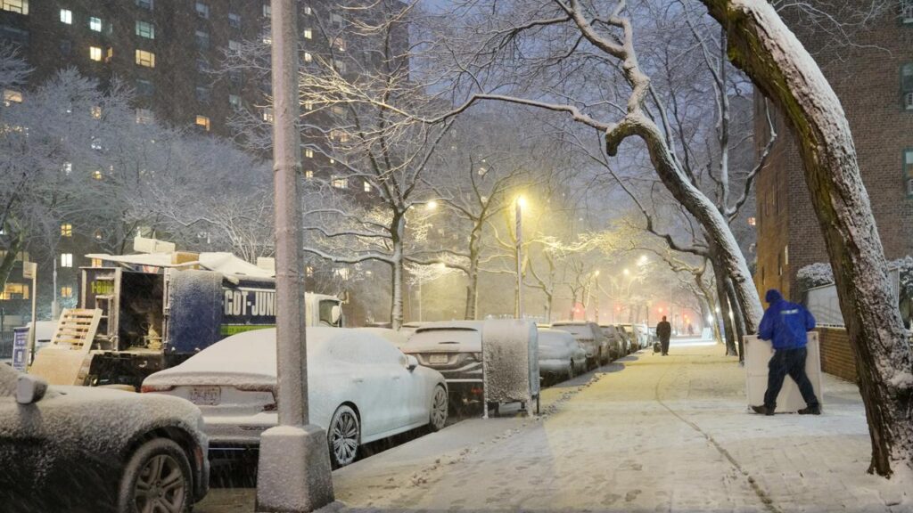 New York City has banned non-emergency travel on the streets from Sunday until noon on Monday.
