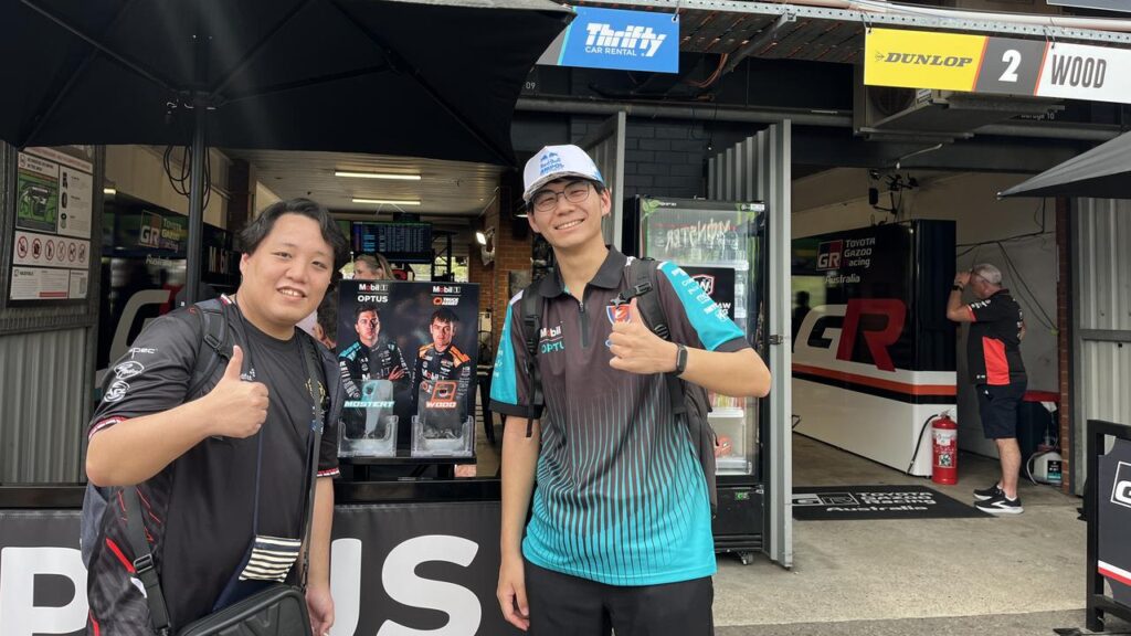 Shunya (l) and Ryuji flew from Japan to watch the Supercars round in Sydney.

