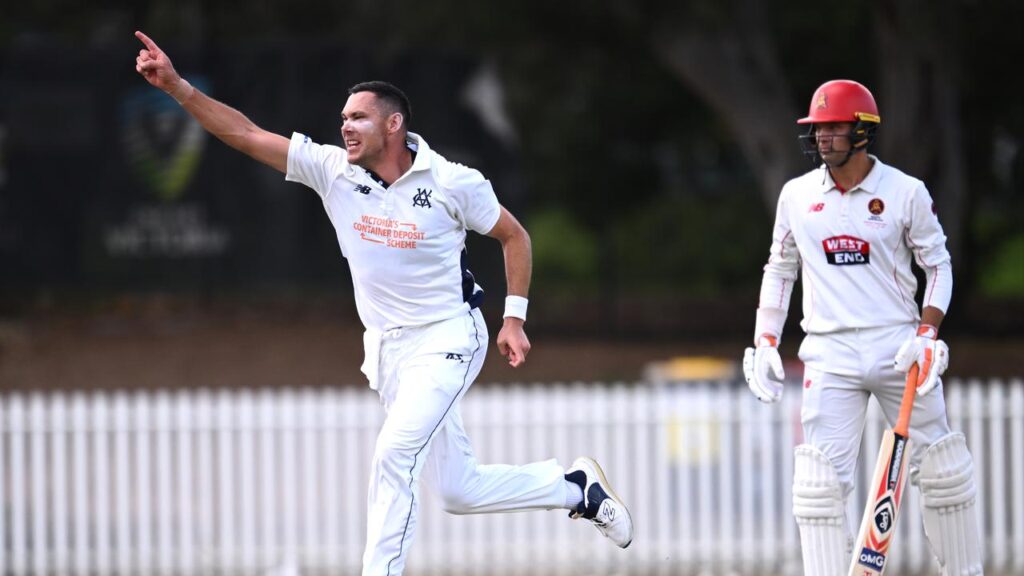 Alex Carey looks on as Scott Boland snares Ben Manenti for a golden duck.
