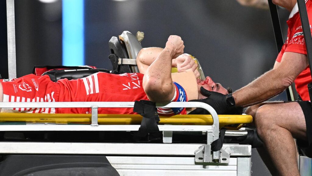 The Dragons’ Kyle Flanagan was taken to hospital after a head clash  in their loss to the Titans.
