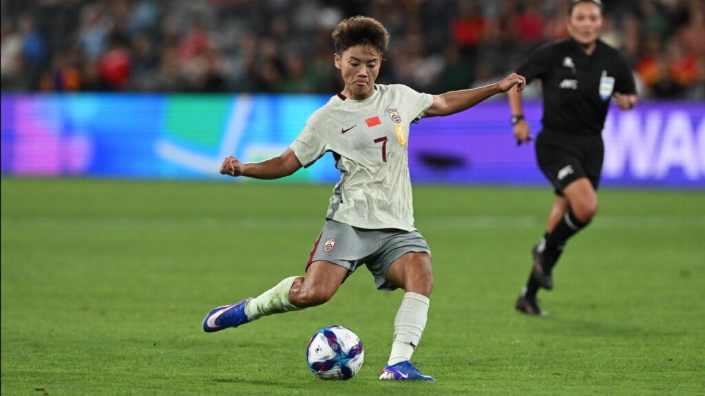 Wang Shuang unleashes the shot that helped China beat Bangladesh 2-0 in the Women’s Asian Cup.
