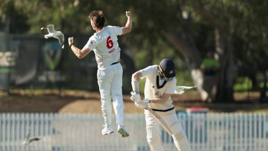 Liam Scott celebrates claiming the key wicket of Oliver Peake in SA’s Sheffield Shield triumph. 
