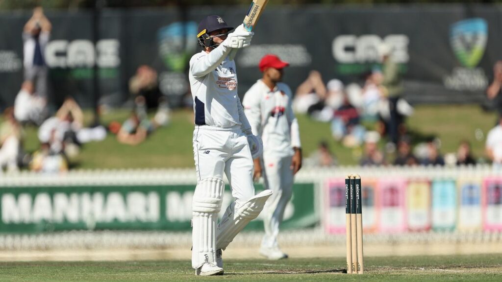 Victoria’s Fergus O’Neill salutes the crowd after reaching his half-century in the Shield final.
