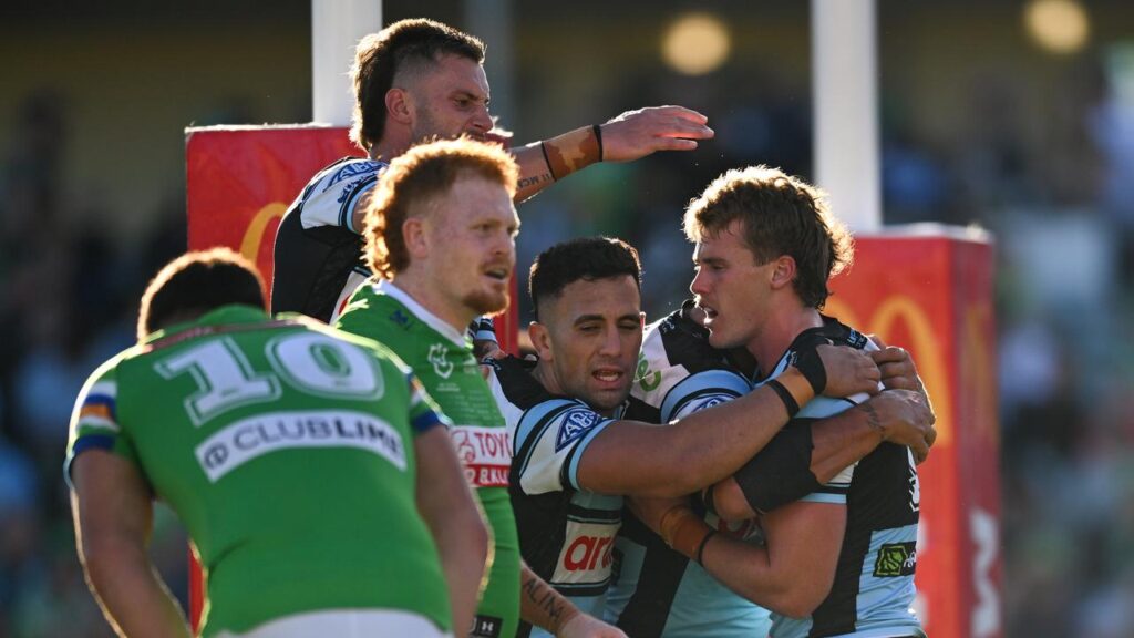A Jesse Colquhoun try iced Cronulla’s important win over the Raiders in Canberra.
