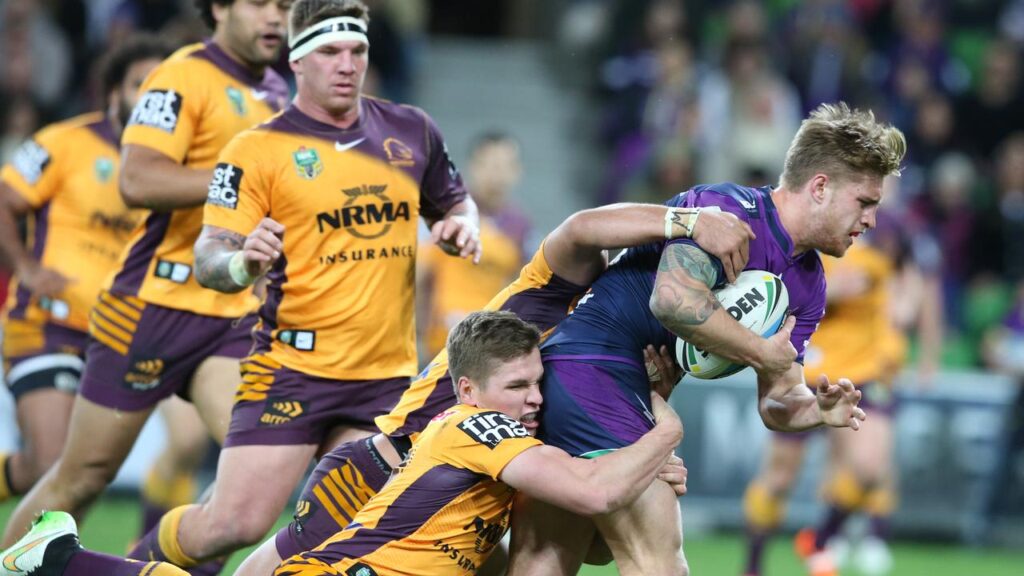 Ex-Brisbane rake Matt Parcell tackles Cameron Munster in a famous 14-12 win at AAMI Park in 2015
