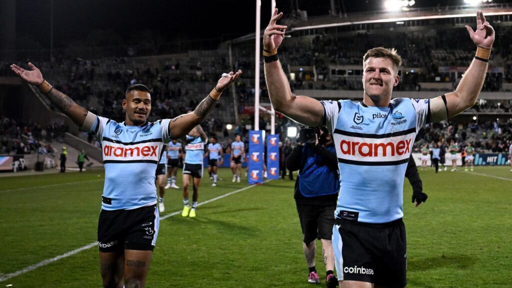 Cronulla’s Teig Wilton (right) had nothing but praise for his former junior club mate Noah Martin. 
