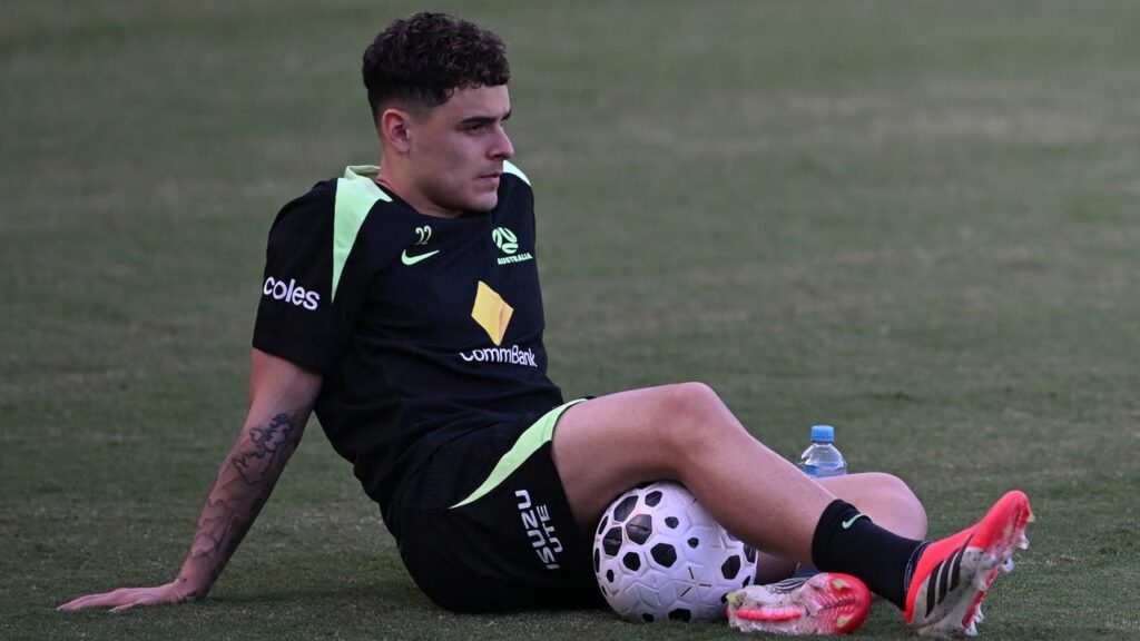 A chilled Alex Robertson looked at home during a Socceroos training session at ​Leichardt Oval.
