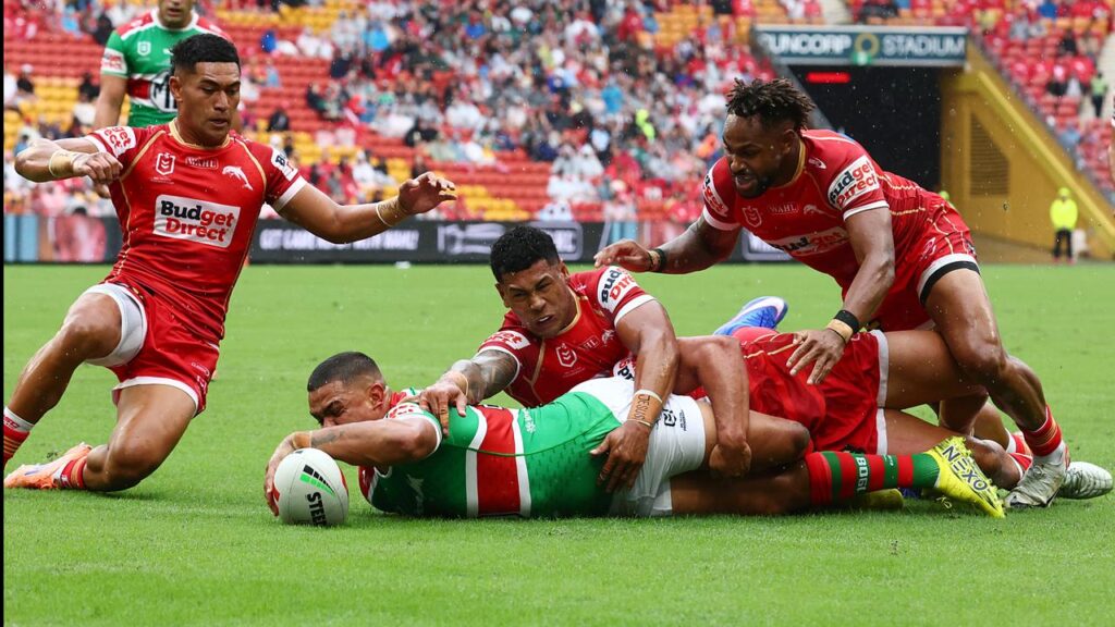 Latrell Mitchell played an inspired hand as Souths beat the Dolphins on their own patch.
