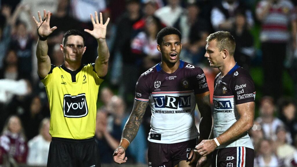 Jason Saab was sent to the sin bin for his high shot in Manly’s round-four loss to the Roosters.
