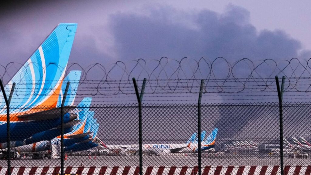 A drone struck a fuel tank at Dubai’s airport, forcing a temporary closure of the site.
