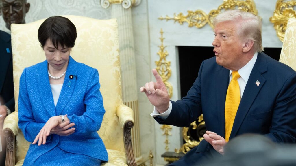 Donald Trump urged Japan to ‘step up’ during his meeting with Prime Minister ‌Sanae Takaichi.
