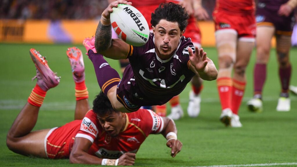 Kotoni Staggs bagged a try double for Brisbane in their derby win over the Dolphins.
