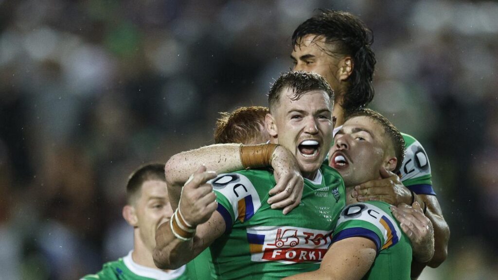 Raiders’ Ethan Sanders gets the plaudits as he celebrates his golden-point field goal against Manly.
