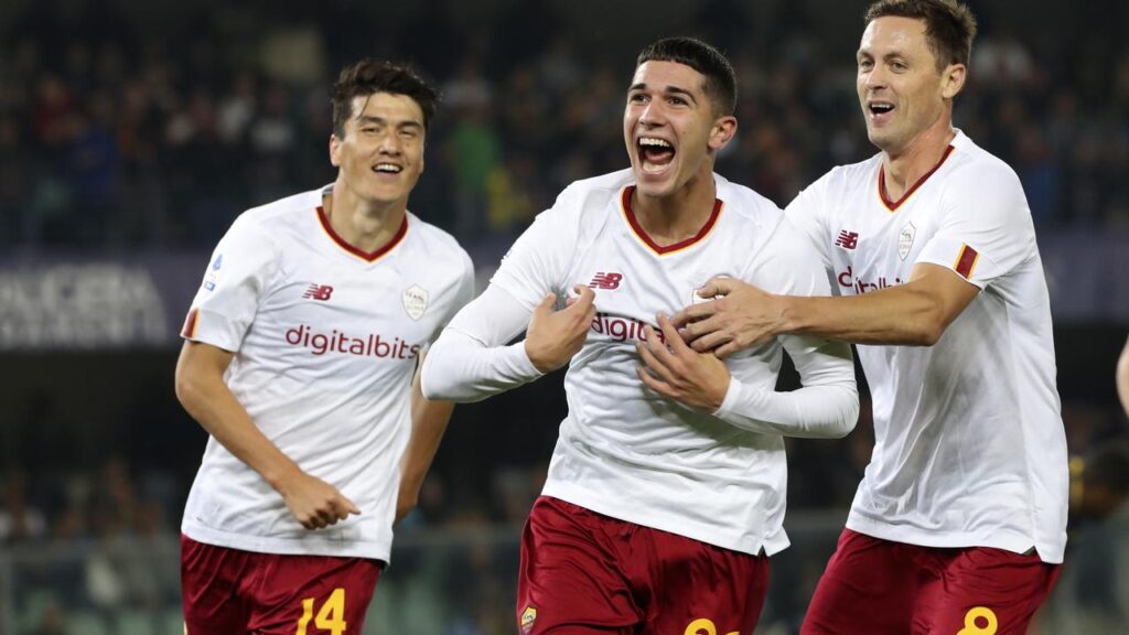 Cristian Volpato, celebrating a goal for Italian side Roma, is a chance to play for the Socceroos.
