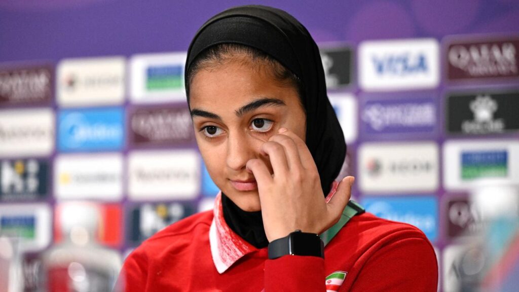 Iran’s Sara Didar held back tears during the Women’s Asian Cup press conference on the Gold Coast.
