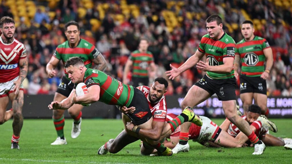 Dolphins defenders were often late to arrive in 2025, as with this Jack Wighton try for Souths.
