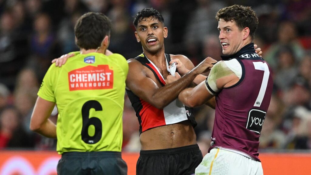 St Kilda’s Nasiah Wanganeen-Milera received plenty of close attention from the Lions’ Jarrod Berry.
