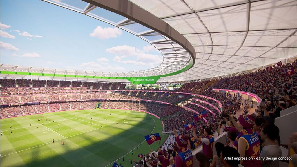 An artist’s impression of the 2032 Olympics centrepiece – the 63,000-seat Brisbane Stadium.
