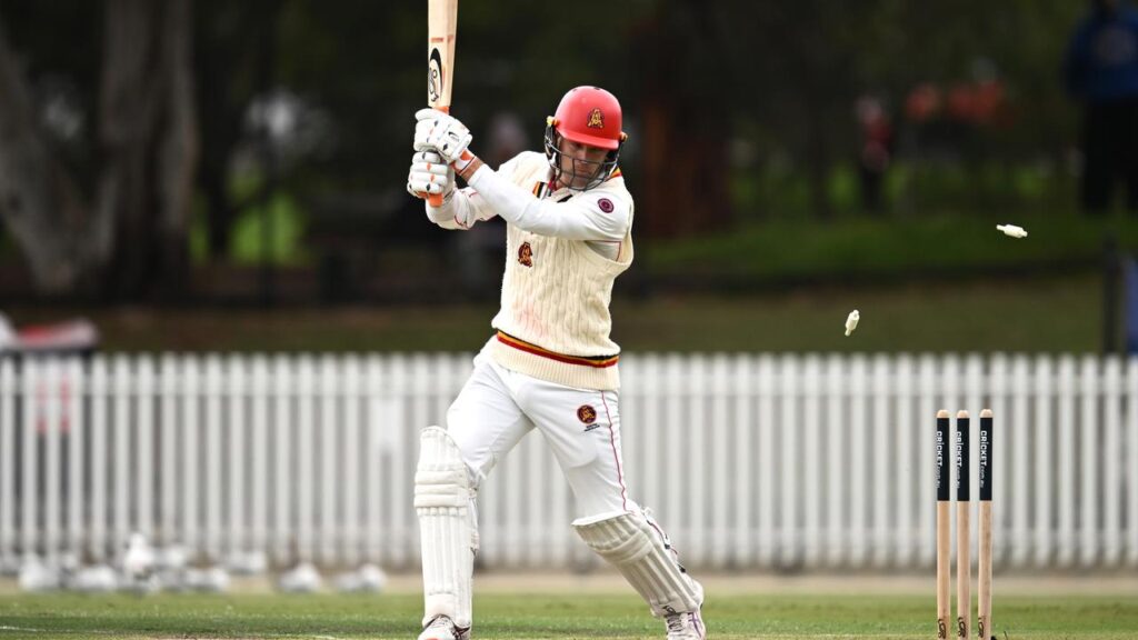SA’s Alex Carey is bowled by Victorian paceman Sam Elliott in the Sheffield Shield final.
