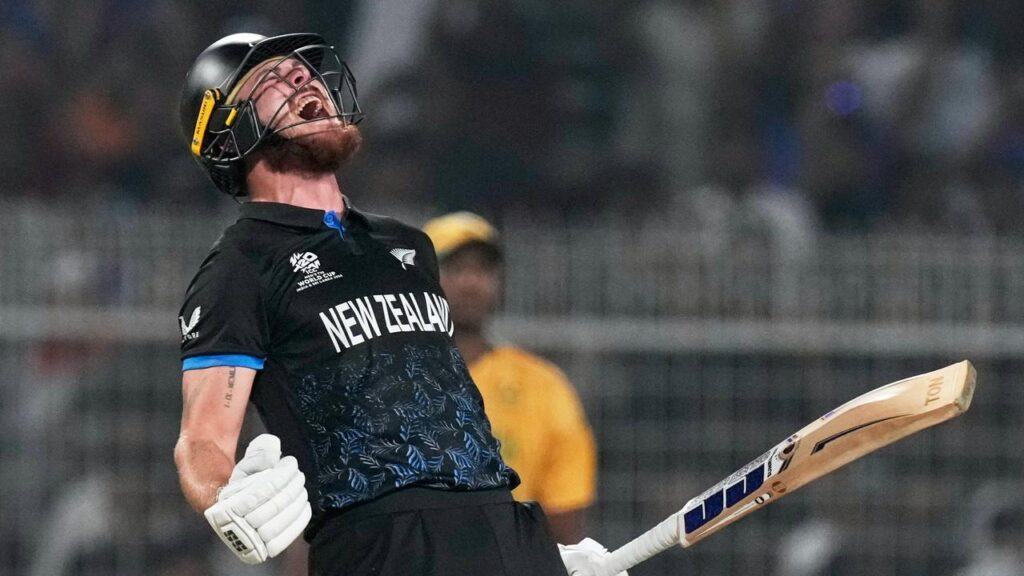 New Zealand’s Finn Allen roars with delight after his century took them to the T20 World Cup final.
