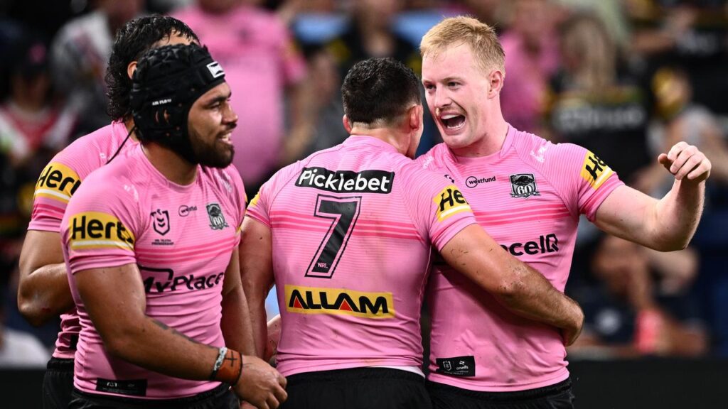 In-form Panthers winger Tom Jenkins (r) has scored four tries in an NRL game for the first time.
