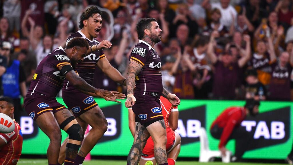 Adam Reynolds is hailed by his Brisbane teammates after his super try in the win over the Dolphins.
