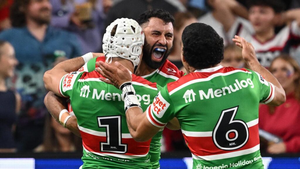 Fans and players erupted after the Rabbitohs’ Alex Johnston broke the NRL try-scoring record. 
