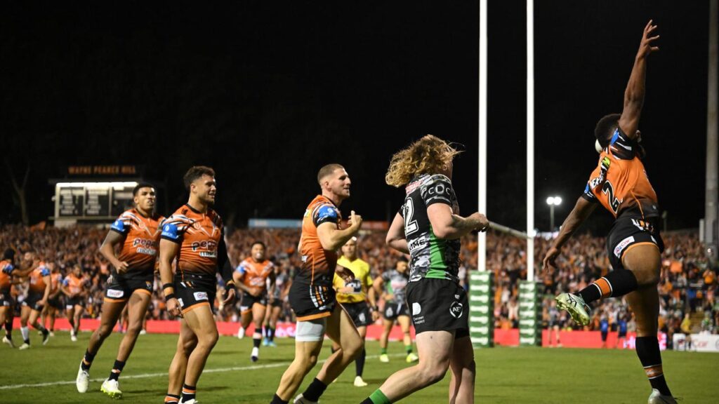 An Adam Doueihi try against the Raiders had Wests Tigers’ Sunia Turuva jumping for joy.
