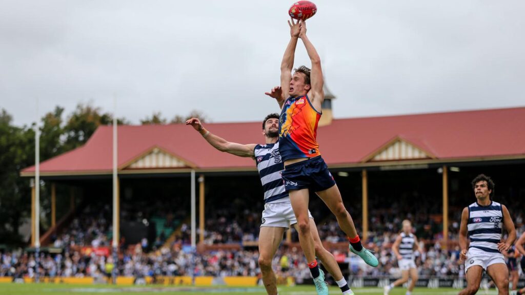 Eagle Hamish Davis and Geelong’s Mark O’Connor fly before a record Norwood Oval crowd.
