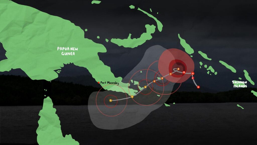 Cyclone Maila has battered islands in the Solomon Sea for several days, damaging homes and crops.
