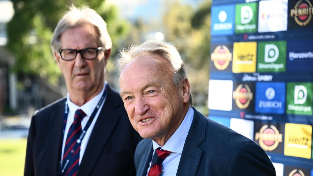 Melbourne president Steven Smith and interim CEO Brian Cook at Wednesday’s announcement.
