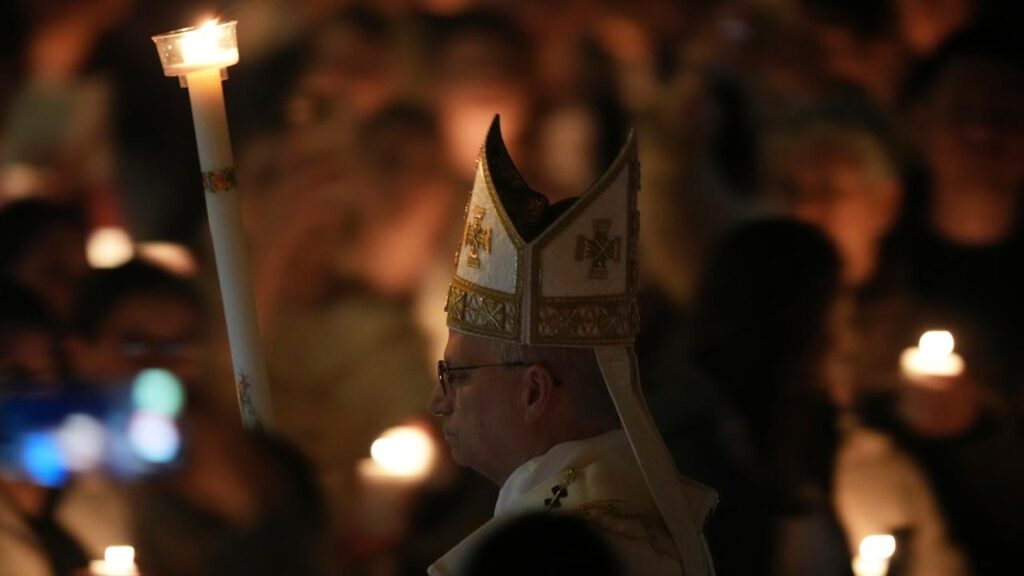 Pope Leo has led Catholics in an Easter vigil inside St Peter’s Basilica at the Vatican.
