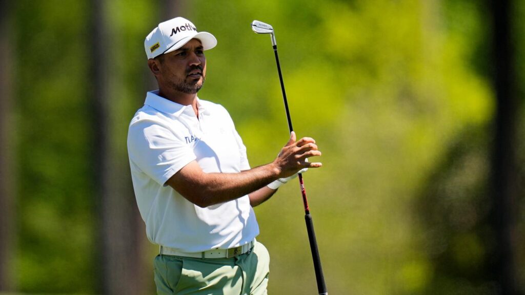 Jason Day watches his tee shot at the 12th, which he birdied, in a fine start to his Masters bid.
