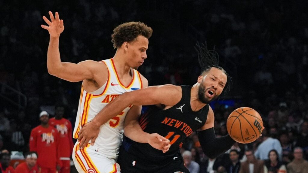 Dyson Daniels puts pressure on Jalen Brunson in the Hawks’ playoff loss to the Knicks. 
