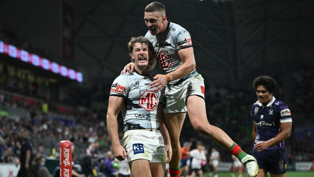 Campbell Graham has been one of the stars in a rampant Rabbitohs win over the Storm in Melbourne.
