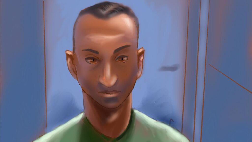 Wearing a prison-issued top, former cop Beaumont Lamarre-Condon faced court via video link.
