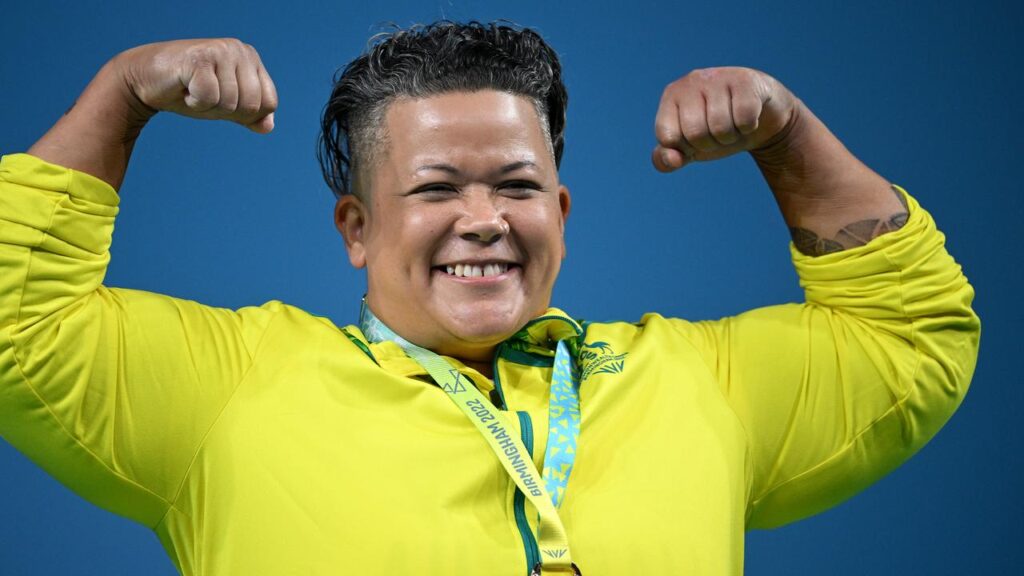 Australia’s Hani Watson flexes after winning bronze at the 2022 Birmingham Commonwealth Games.
