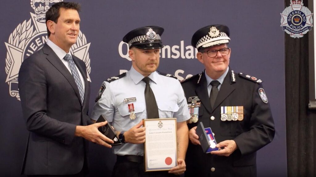 Senior Constable Randall Kirk suffered a gunshot wound to his abdomen and hip in the deadly attack.
