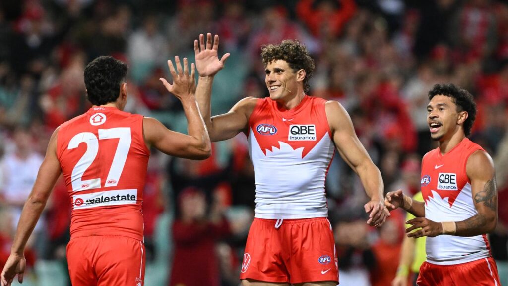 Sydney Swans’ Charlie Curnow celebrates after kicking a goal against the GWS Giants.
