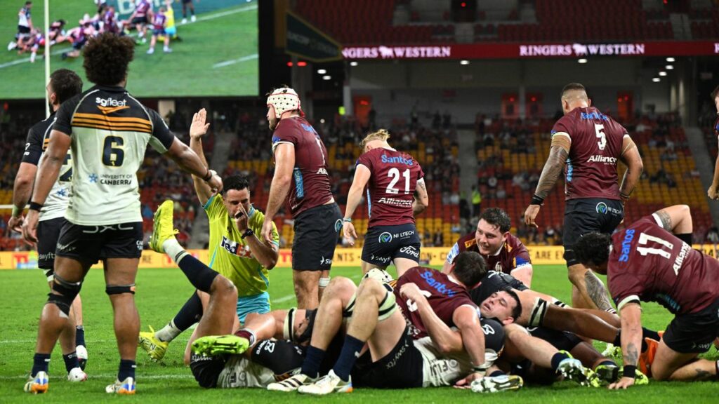 Seru Uru crosses over for the Reds in their 30-21 win over the ACT Brumbies.
